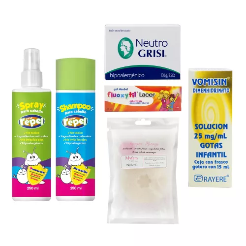 KIT KID LIMPIECITO, PASTA FLUOXYTIL,  SPRAY Y SHAMPOO ANTIPIOJOS SURE REPEL+ 1 JABON NEUTRO GRISI+1 VOMISIN+1 ESPONJA DE BAÑO.