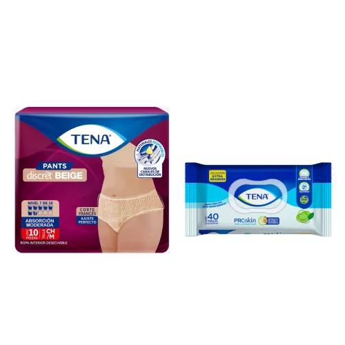 KIT TENA PANTS DISCRET BEIGE CH + TOALLAS HUMEDAS