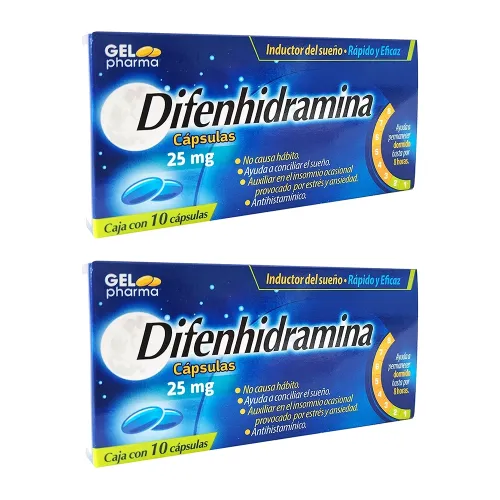 DIFENHIDRAMINA 25 MG DOS CAJAS CON 10 CAPS C/U