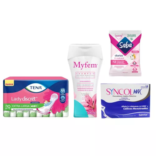 KIT TOALLA TENA LADY 10pz + TOALLITAS HUMEDAS SABA + SHAMPOO INTIMO MYFEM 200mL + SYNCOL MAX