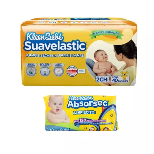 KleenBebé SUAVELASTIC CHICO 40 PZS + 1 KleenBebé ABSORSEC TOALLA HUMEDA KIT 