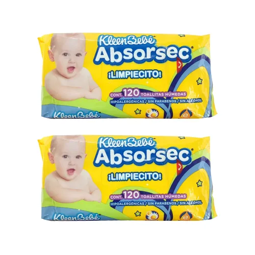 TOALLITAS KLEEN BEBE ABSORSEC DOS PAQ CON 120 PZS C/U