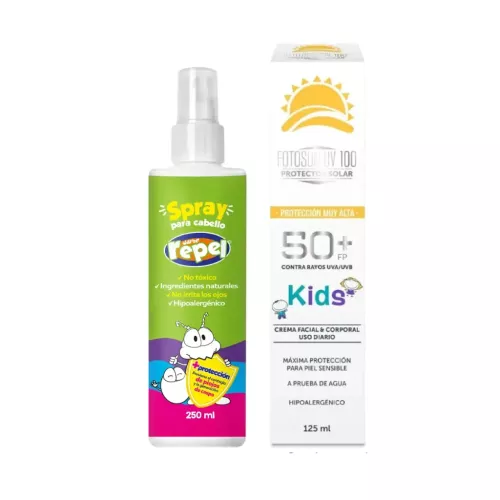 KIT 1 SPRAY ANTI PIOJOS SURE REPEL + 1 PROTECTOR FOTOSUN KIDS