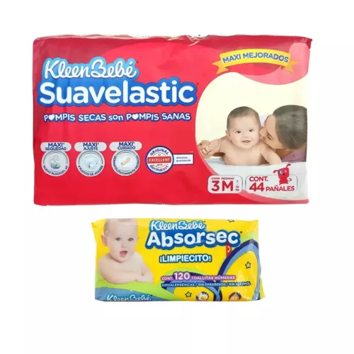 KleenBebé SUAVELASTIC MEDIANO 40 PZS+ 1 KleenBebé ABSORSEC TOALAS HUMEDAS KIT KBBMED