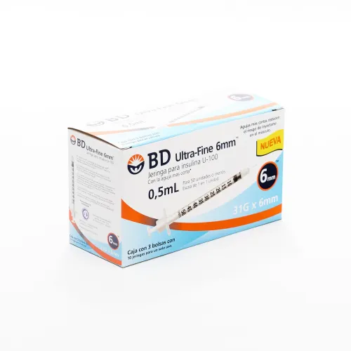 JERINGA DESCHABLE PARA INSULINA BD ULTRA FINE 0.5mL 31g X 6mm | Máxima Precisión y Confort | Caja con 30 Pzs 