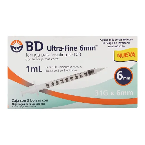 JERINGA DESCHABLE PARA INSULINA BD ULTRA FINE 1 mL 31g X 6mm 30pz